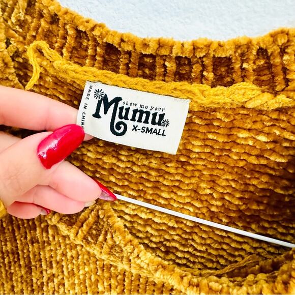 SMYM MUMU Gold Yellow Chenille Knit Oversized Distressed Crop Boxy Sweater XS - Picture 7 of 16